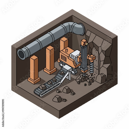 Isometric illustration of a mining operation with machinery, conveyor belt, and rock drilling equipment inside a subterranean space.