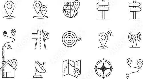 Navigation Line Icon Set for GPS Tracking, Map Location, Travel Direction, Satellite Signal, Route Planning, Wayfinding Symbols, Mobile Interface, and.