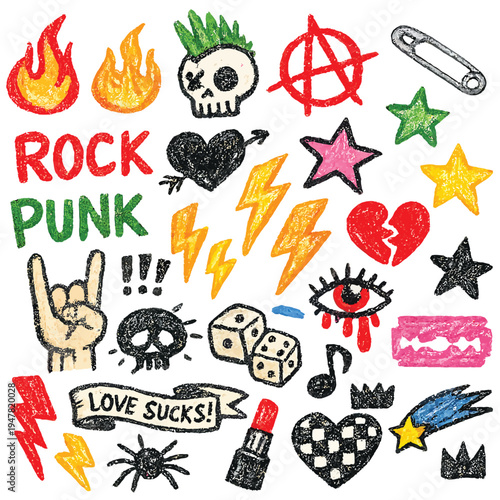  Crayon Drawn Punk Tattoo Sticker Set with Flames, Lightning Bolts, Stars and Rock n Roll Doodles – Y2K Grunge Pencil Vector Elements Isolated on White Background