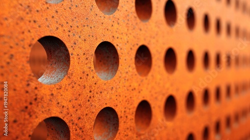 Close-up of a rusty metal surface with circular holes