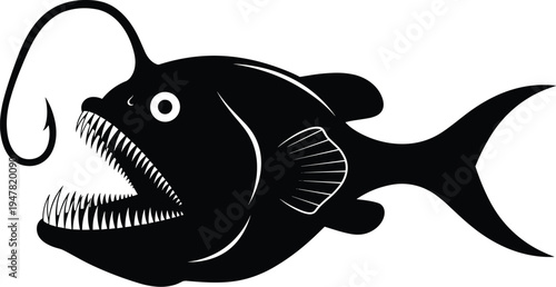 Anglerfish silhouette deep sea predator illustration, scary ocean fish with lure light, marine wildlife underwater creature design element