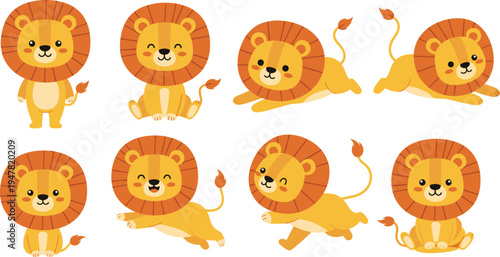 Cute cartoon lion character collection with different poses adorable safari animal mascot vector illustration set