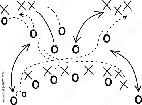 Sports game strategy planning with Xs and Os diagram, tactical playbook illustration for football or soccer coaching, complex movement and tactical instructions