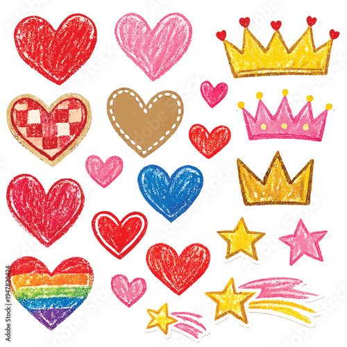  Hand Drawn Valentine Scrapbook Sticker Set with Hearts, Crowns and Stars – Crayon Sketch Doodle Craft Collage Elements for Journal and Zine Design Isolated on White Background