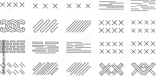Minimalist line art collection featuring geometric patterns, abstract hatching textures, cross stitches, and repetitive dashed lines for creative background design and decorative shading