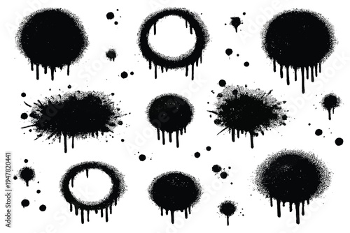  Spray Paint Graffiti Splashes and Drips Vector Set – Urban Street Art Ink Blots, Dots and Spray Circles with Grunge Texture Isolated on White Background