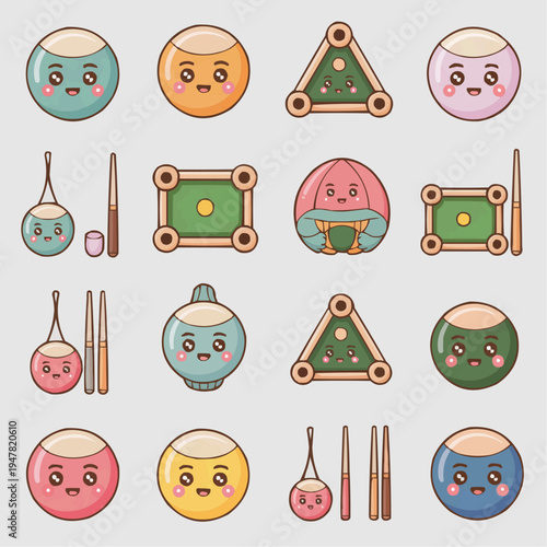 Cute billiards icon set with smiling pool balls cues rack table and game elements in pastel cartoon style for sports stickers posters party decor apps classroom materials and printable designs