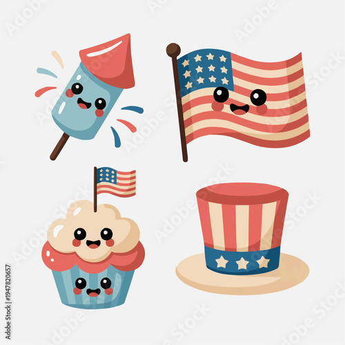 Cute patriotic fourth of july kawaii sticker set with american flag rocket popsicle cupcake and uncle sam hat isolated on soft gray background for holiday decoration and party design