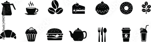 Silhouette of various food and drink items isolated on transparent background