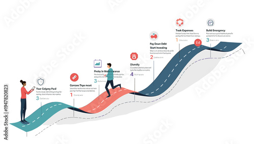 This illustration depicts a person confidently walking a path towards financial stability. Ideal for concepts related to savings, investments, and sec