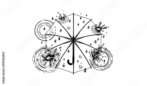 Top View Transparent Umbrella with Rain Splash and Water Drops Vector Rainy Weather Concept