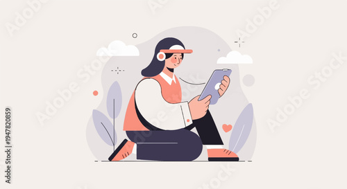 Person with headset and tablet, sitting among plants and clouds