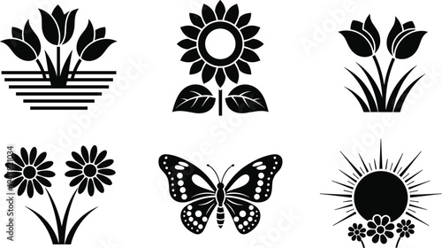 Floral icons set with butterfly and botanical elements, black silhouette flowers collection, nature decoration symbols, garden plants illustration design