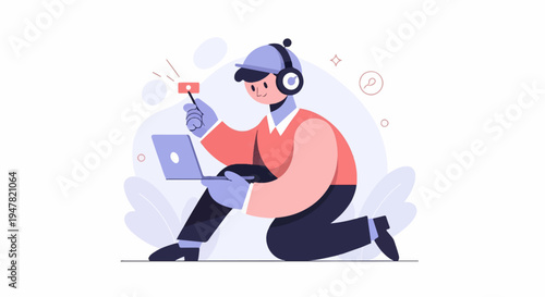 Person with headphones and laptop uses a stylus to interact with a digital interface