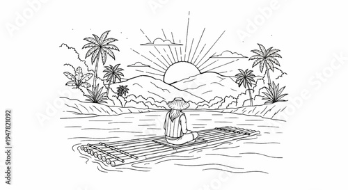 Person on bamboo raft watches sunrise over tropical mountains and ocean