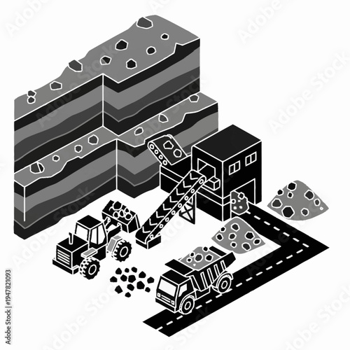 Isometric illustration of an open-pit mine with heavy machinery and conveyor belts.