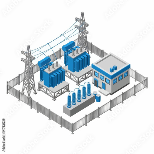 Isometric illustration of a power substation with transformers, towers, and a control building, enclosed by a fence.