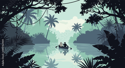 Tropical jungle river landscape illustration with canoe traveler, rainforest trees reflection and peaceful nature scenery adventure background