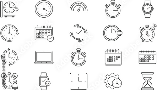 Set of time and management line icons featuring clocks, calendars, stopwatches, wristwatches, hourglass, alarm bells, laptops, and various countdown symbols.
