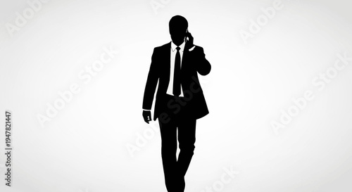Silhouette of a businessman walking and talking on a mobile phone against a white background