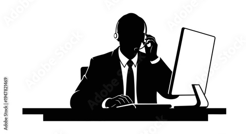 Silhouette of a businessman in suit with headset at desk using computer, call center operator