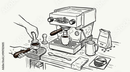 A hand operating a coffee tamper next to an espresso machine on a table.