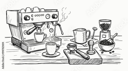 Coffee shop equipment and accessories illustration.