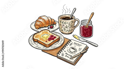 Breakfast table with toast, croissant, coffee and jam.