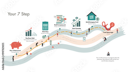 This illustrative image depicts the journey towards retirement, showing people advancing along a path towards a piggy bank. Ideal for illustrating fin