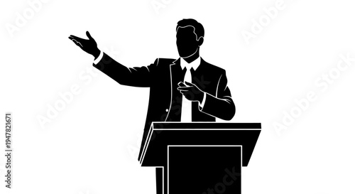Silhouette of a Businessman Speaking at a Podium, Gesturing with Hand