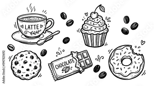 A collection of sweet treats and coffee.