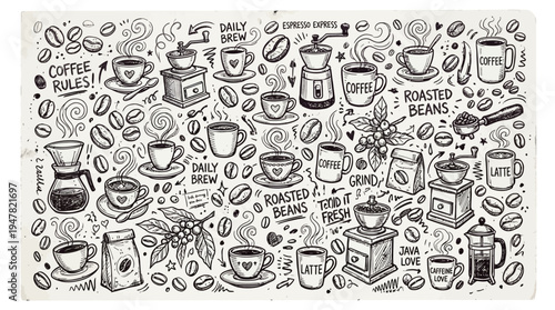 Black and white coffee themed illustration.