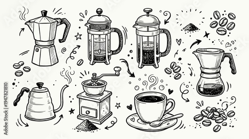 A collection of coffee makers and accessories.