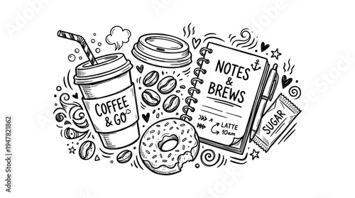 Coffee and donuts still life illustration.