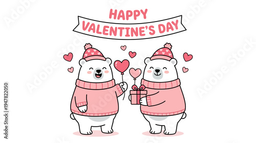 Adorable polar bears in pink outfits celebrating valentine day