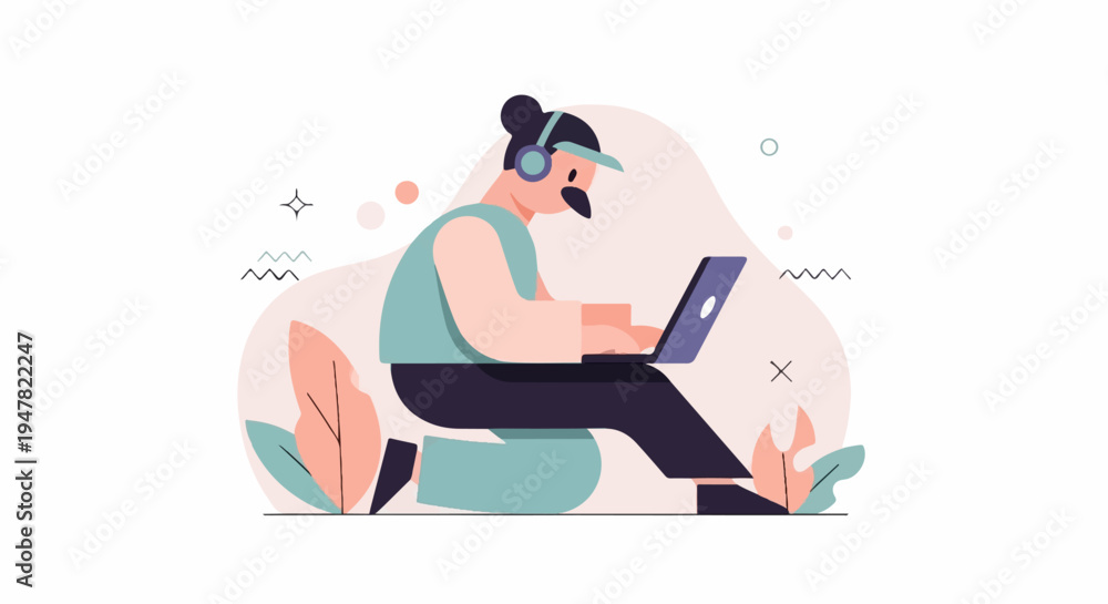 Obraz premium Person wearing headphones sits on a beanbag, typing on a laptop
