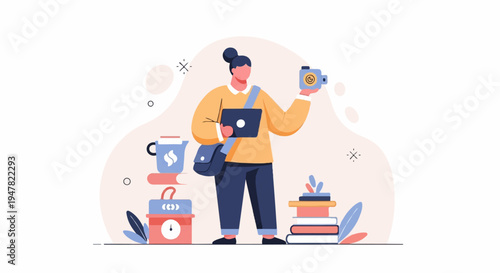 Person with laptop and camera surrounded by books and coffee