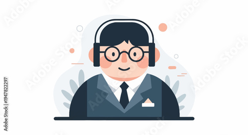 Person wearing headphones and glasses, dressed formally