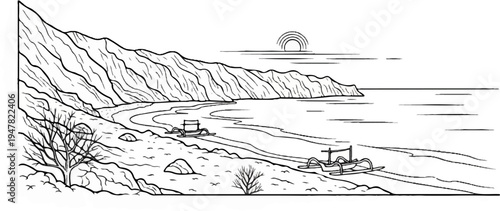 Rugged coastline with boats on sandy beach under setting sun