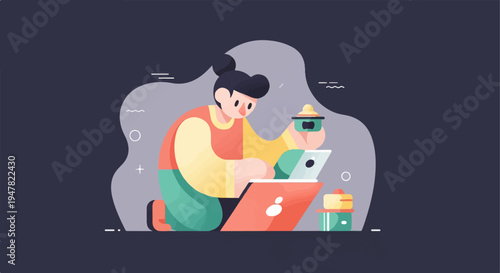 Person with laptop and coffee, cartoon style illustration