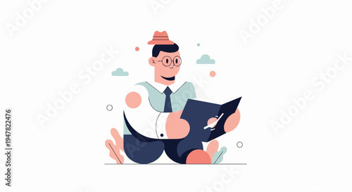 Smiling person in hat and glasses reads book amidst whimsical flora and clouds