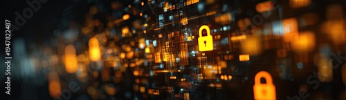 Digital padlock icons glowing in a dark, abstract technological background with bokeh lights.