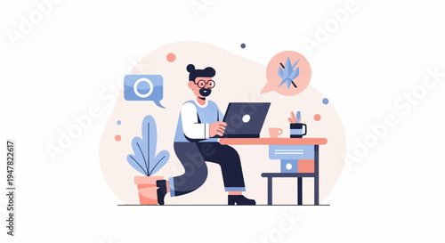 Person working on laptop at desk, surrounded by plants and speech bubbles