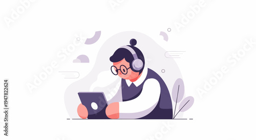 Person wearing headphones and glasses, focused on tablet