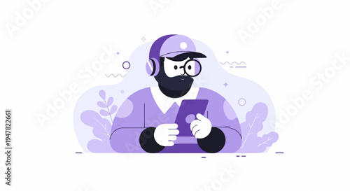 Person wearing headphones and glasses, holding a digital tablet, surrounded by abstract shapes