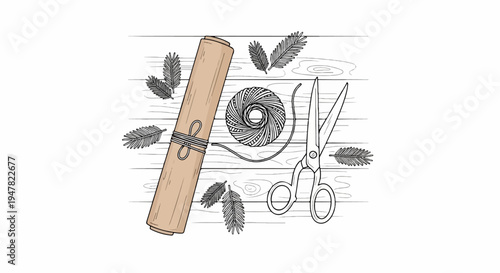 Rustic preparation paper roll, twine ball, scissors, and pine sprigs on wood