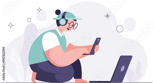 Person wearing headphones and glasses, interacting with devices