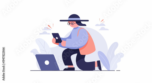 Person on knees with laptop and tablet surrounded by plants and clouds