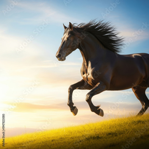 Majestic black horse galloping in a sunlit meadow at dusk