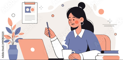 Person working on laptop at desk with plant and coffee